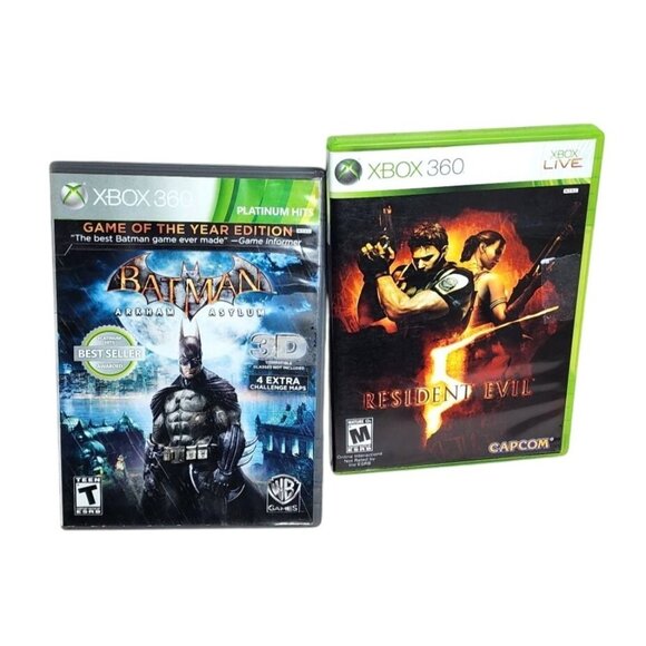 Lot of 2 Xbox 360 Video Game Bundle – Batman Arkham Asylum Platinum Hits & Resid